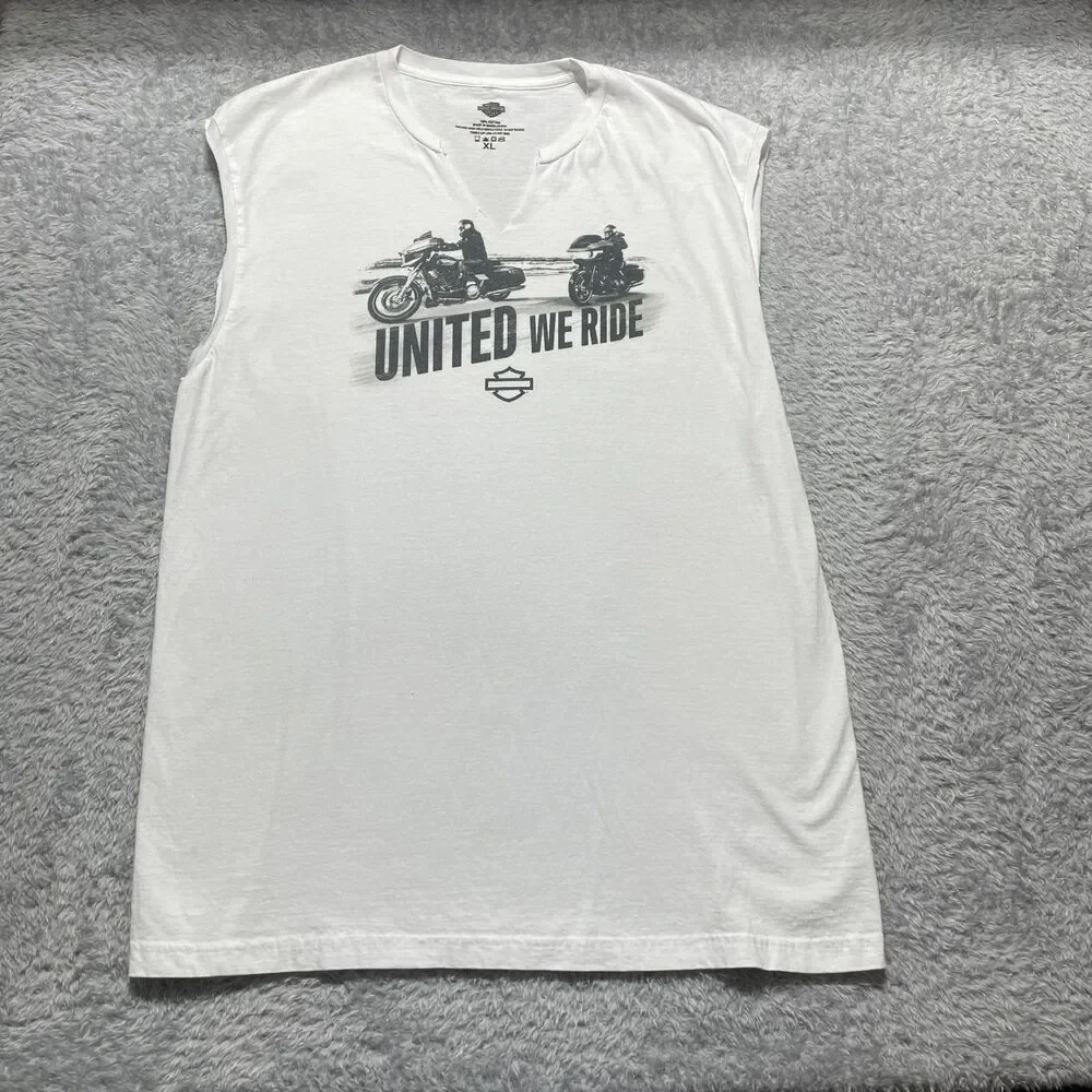 Harley-Davidson Shirt Men XL White United We Ride Sleeveless V-Notch Graphic - Picture 2 of 5